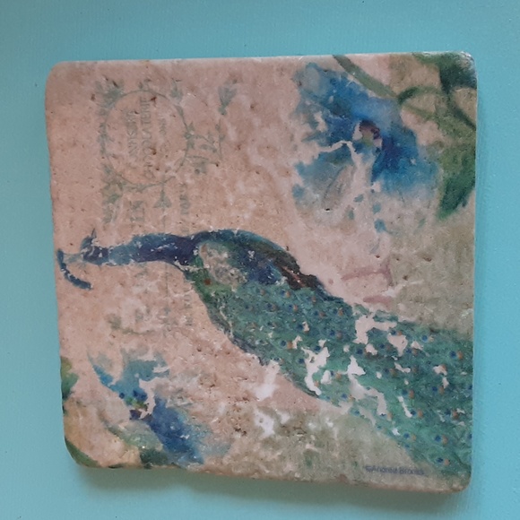 Peacock Image on 4"x4" natural stone coaster, set, walnut holder, cream blu/gr - Picture 7 of 14